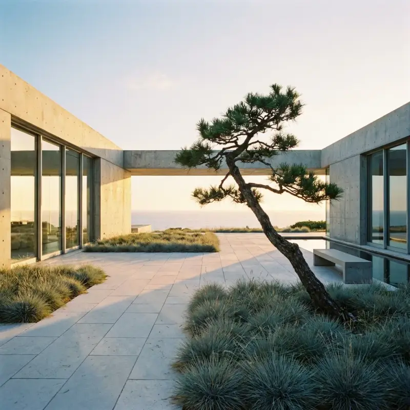 A climate-adaptive minimalist Dry Zen courtyard featuring light travertine pavers, an Agave Blue Glow focal plant, and drought-tolerant Black Mondo grass.
