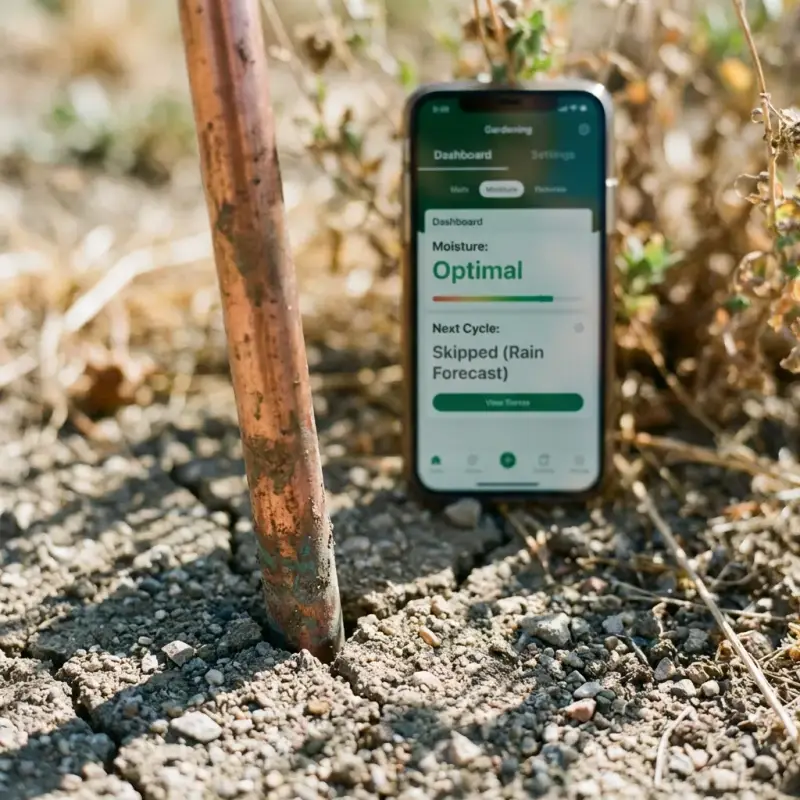 A buried ceramic Teralytic soil capacitance sensor measuring moisture tension and NPK levels beneath a Dry Zen gravel bed.