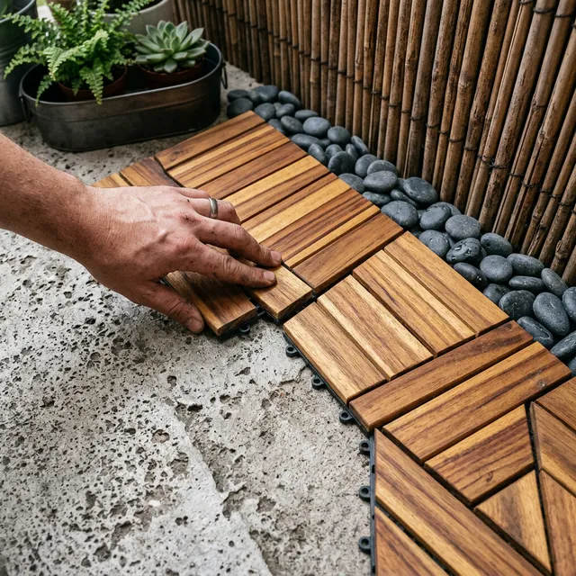 Installing engawa wood flooring tiles over concrete