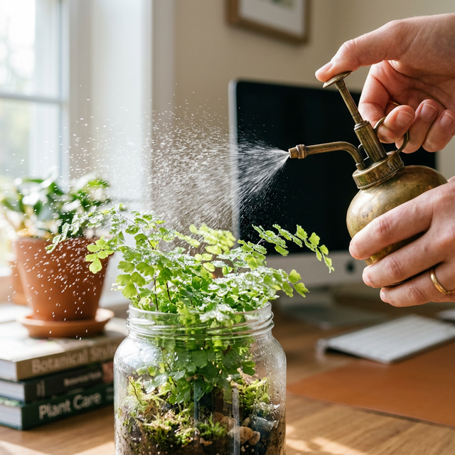 Safe hydration techniques for Maidenhair fern care terrarium