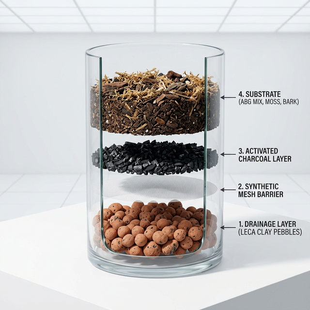 An exploded 3D view detailing the proper miniature fern soil layers