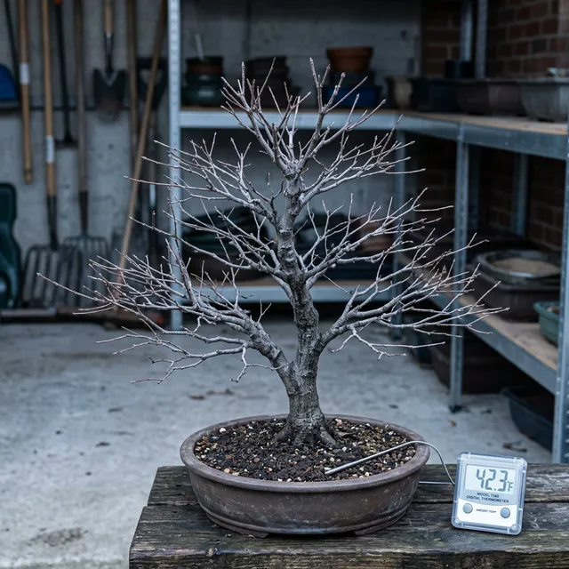 Dormant leafless Japanese maple bonsai tree safely overwintering in cold storage
