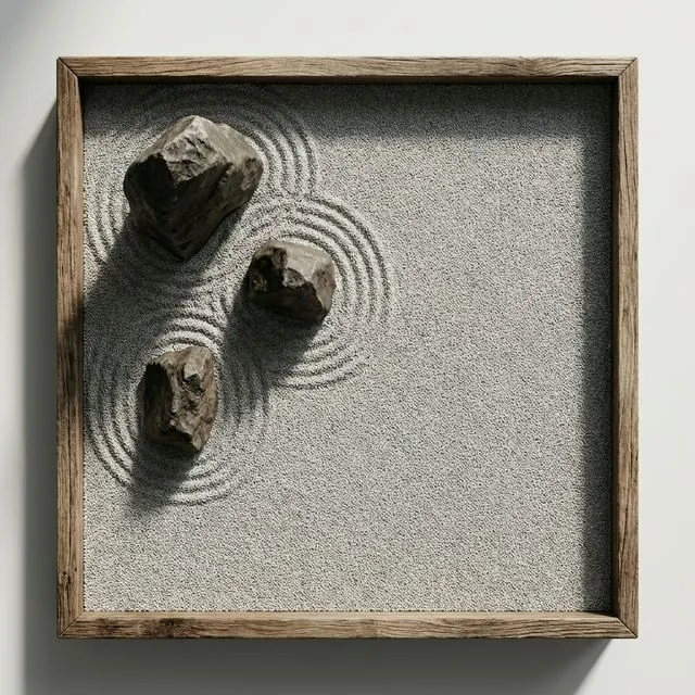 Top-down view of an asymmetrical three-stone arrangement in raked gravel