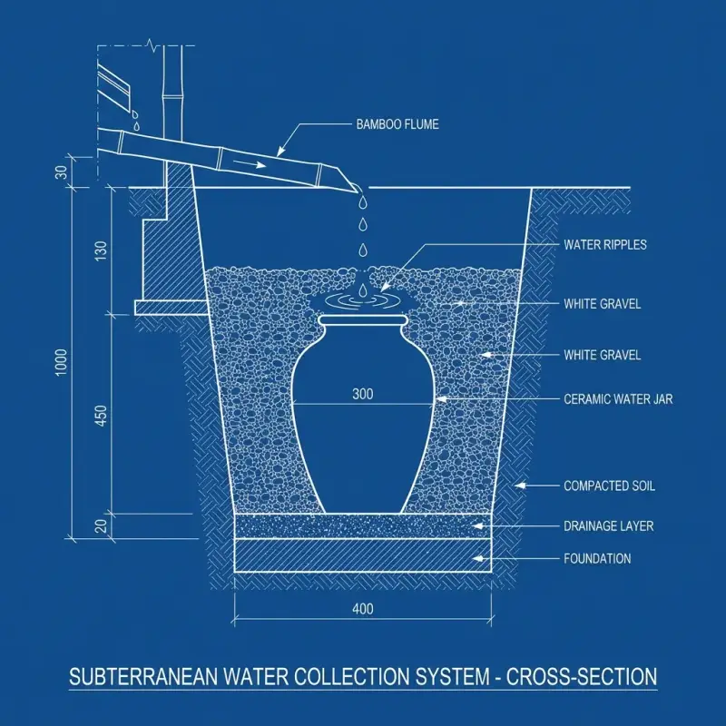 Diagram of a traditional Suikinkutsu water harp system adapted for a modern 2026 zen garden
