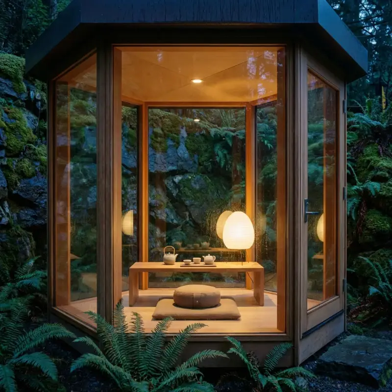 Exterior view of a soundproof Immersive Tea House pod in an urban zen garden