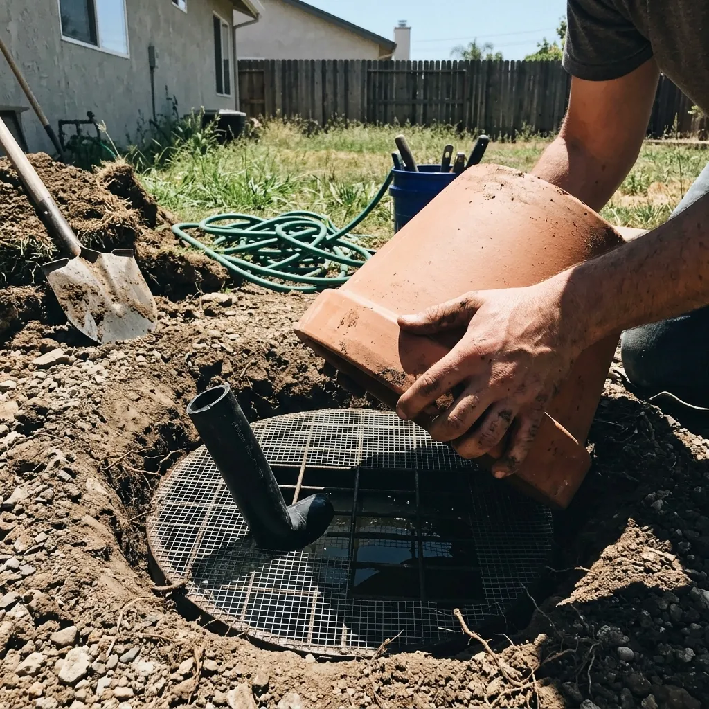 DIY water feature installation of ceramic pot