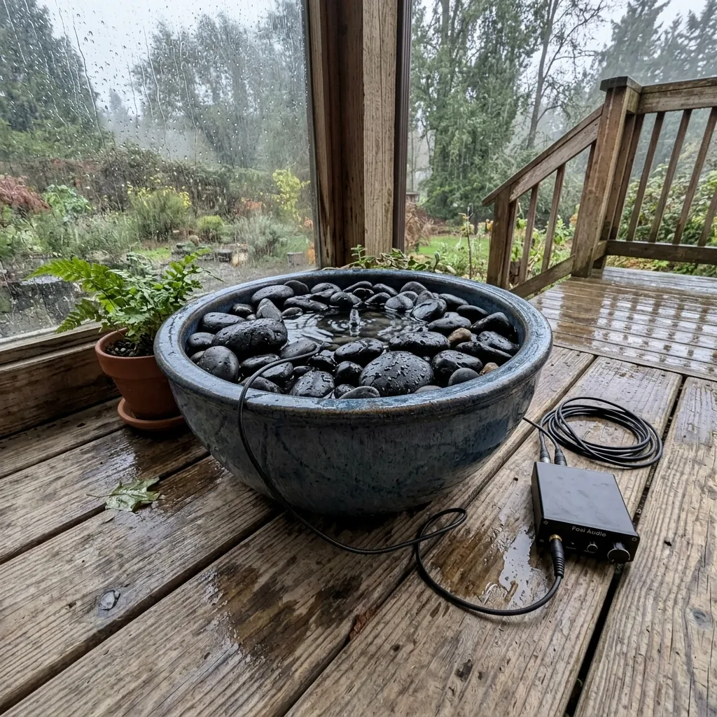 Modern zen garden acoustics setup on wooden porch