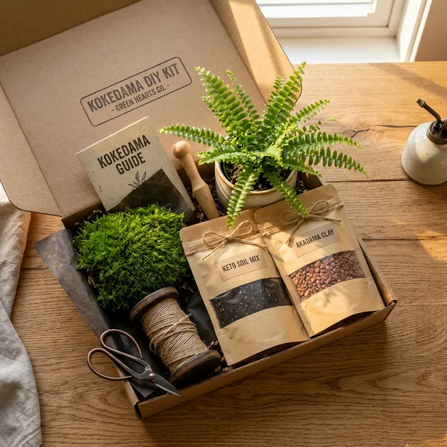 A beautifully packaged premium DIY Kokedama kit laid out on a clean wooden table.