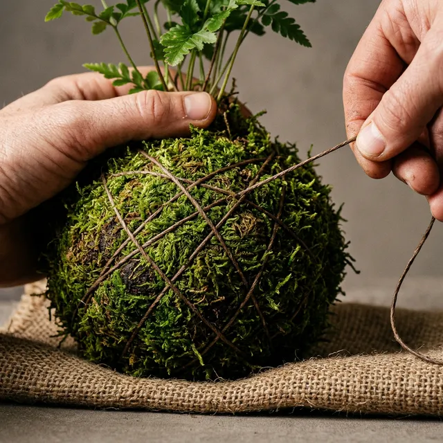 One hand holding the base to stabilize the sphere, while the other pulls waxed twine tightly across sheet moss.