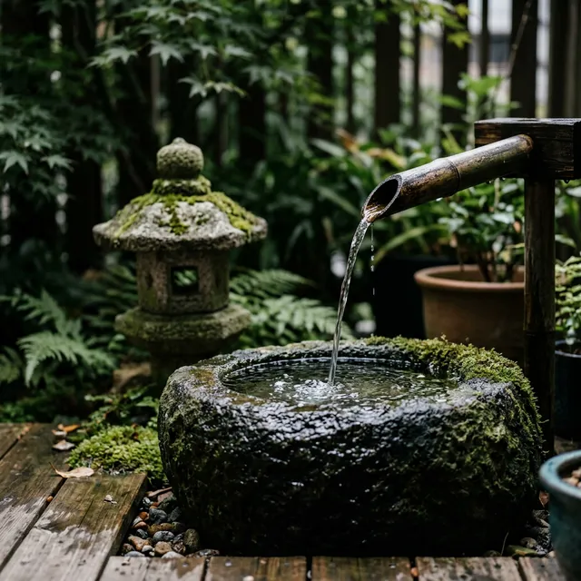 A traditional Tsukubai stone basin in a Karesansui dry landscape setting