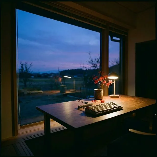 Blue hour serentiy at a desk with a single flower
