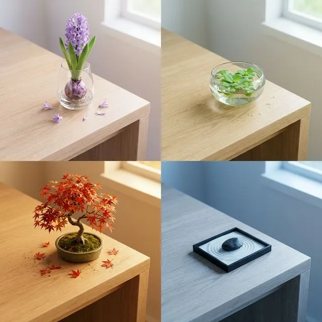 Composite image of a desk corner changing through Spring, Summer, Autumn, and Winter