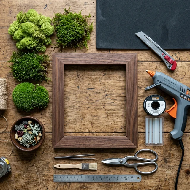 Raw materials for a preserved moss wall tutorial including reindeer moss, sheet moss, a hot glue gun, and a neoprene foam board.