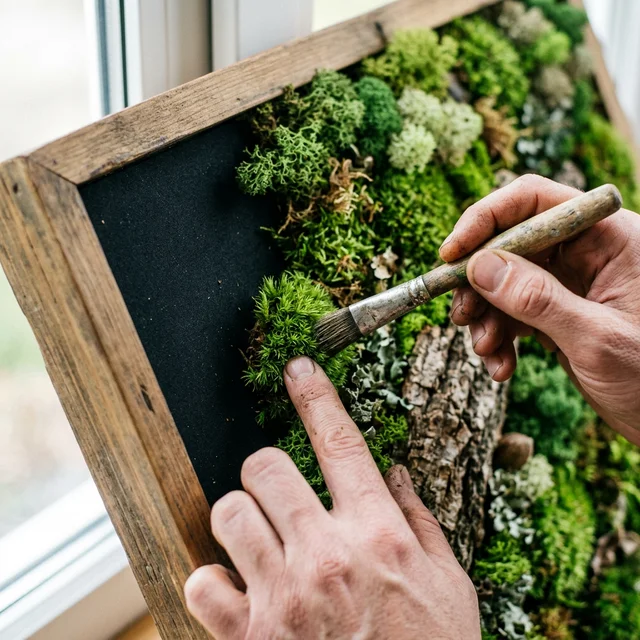 Close-up of building a renter friendly vertical garden: safely pressing vibrant reindeer moss into hot glue on a neoprene board.